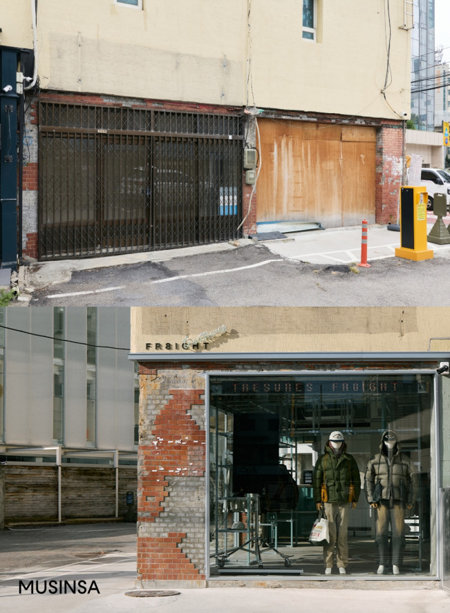 ▲서울숲 프로젝트 1호 매장 '프레이트'로 재탄생한 공간 전후 사진. (사진제공=무신사)