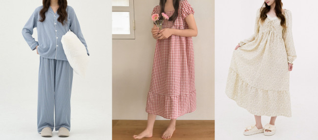 ▲왼쪽부터 도씨 '실크핏 클린 긴팔 커플 잠옷', 쥬니쥬의 'J'eu 웬디 퍼프 원피스 파자마', 도씨 '코튼라이크 아델 긴팔 잠옷 원피스' 제품 이미지. (사진제공=지그재그)