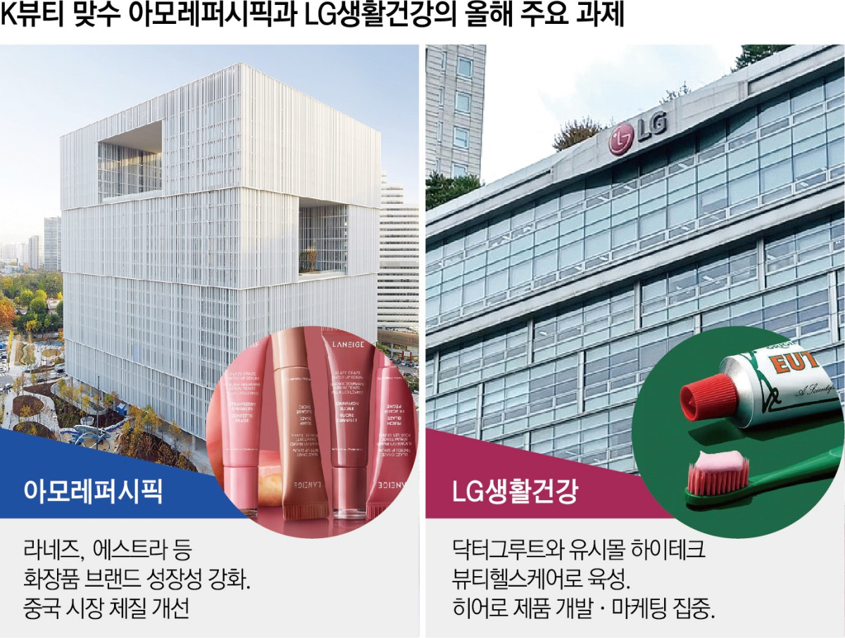 ▲'K뷰티 맞수' 아모레퍼시픽과 LG생활건강의 올해 주요 과제  (이투데이 그래픽팀=신미영 기자 )