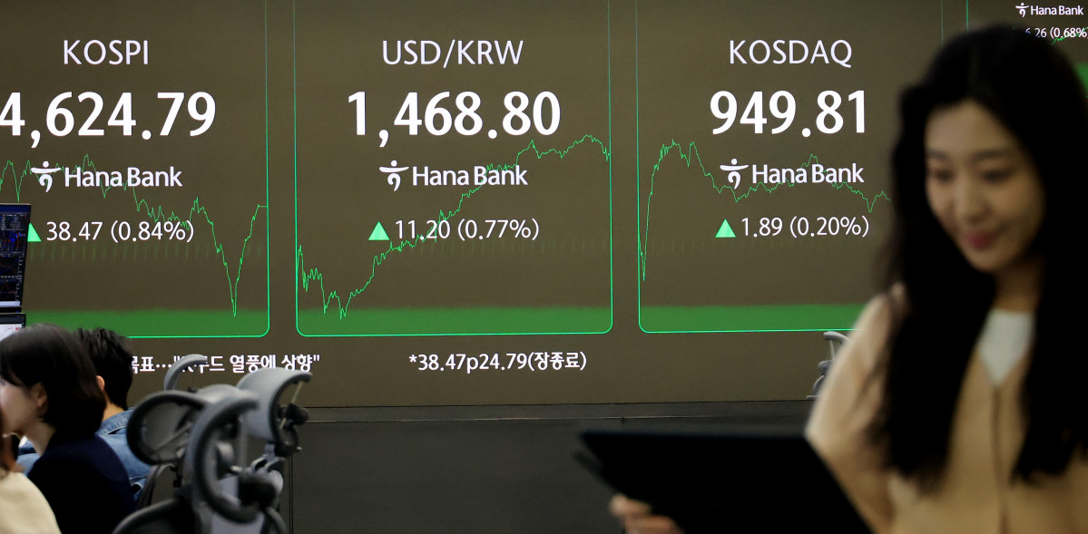 ▲12일 서울 중구 하나은행 본점 딜링룸에서 직원이 시황판 앞을 지나고 있다. 이날 코스피는 전장보다 38.47포인트(0.84%) 오른 4,624.79로 원/달러 환율은 10.8원 오른 1,468.4원(15:30 종가) 장을 마쳤다. (연합뉴스)