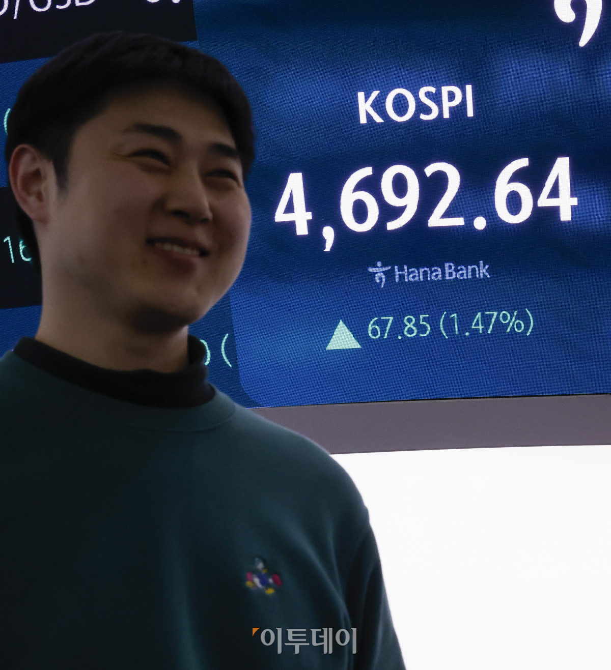 ▲코스피가 8거래일 연속 상승 마감하며 장중·종가 기준 모두 사상 최고치를 경신한 13일 서울 중구 하나은행 딜링룸 전광판에 코스피가 표시돼 있다. 이날 코스피 지수는 전 거래일보다 67.85(1.47%) 포인트 상승한 4692.64를 나타냈다. 조현호 기자 hyunho@