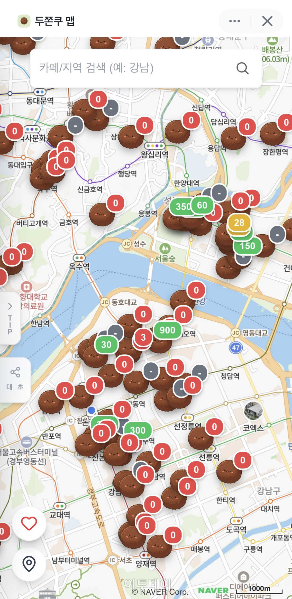 ▲현재 위치를 기준으로 두쫀쿠 판매 매장을 표시하고 매장별 판매 여부와 재고 상황을 한눈에 확인할 수 있도록 만든 '두쫀쿠 맵' (사진=두쫀쿠 맵 갈무리)