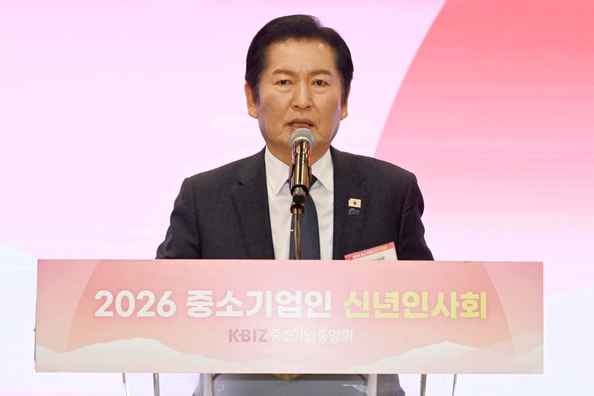 ▲정청래 더불어민주당 대표가 13일 서울 여의도 중소기업중앙회에서 열린 2026년도 중소기업인 신년인사회에서 인사말을 하고 있다. 신태현 기자 holjjak@