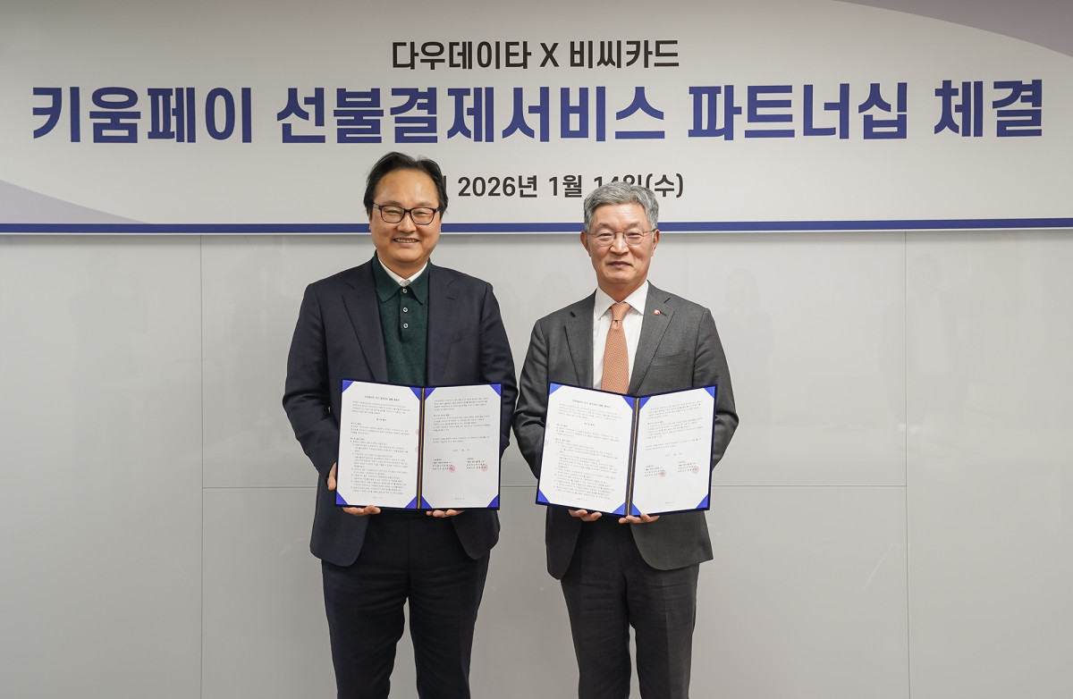 ▲﻿BC카드가 지난 14일 오후 서울 마포구 소재 다우데이타 사옥에서 다우데이타와 함께 카드 프로세싱 업무 협력을 위한 협약식을 진행했다. 사진은 최원석 BC카드 사장(오른쪽)과 김상준 다우데이타 사장 (사진제공 = BC카드)