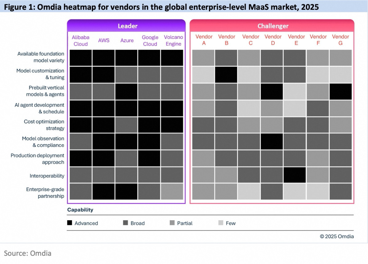 ▲옴디아의 2025년 글로벌 엔터프라이즈급 MaaS 시장 벤더 히트맵 (사진제공=알리바바클라우드)
