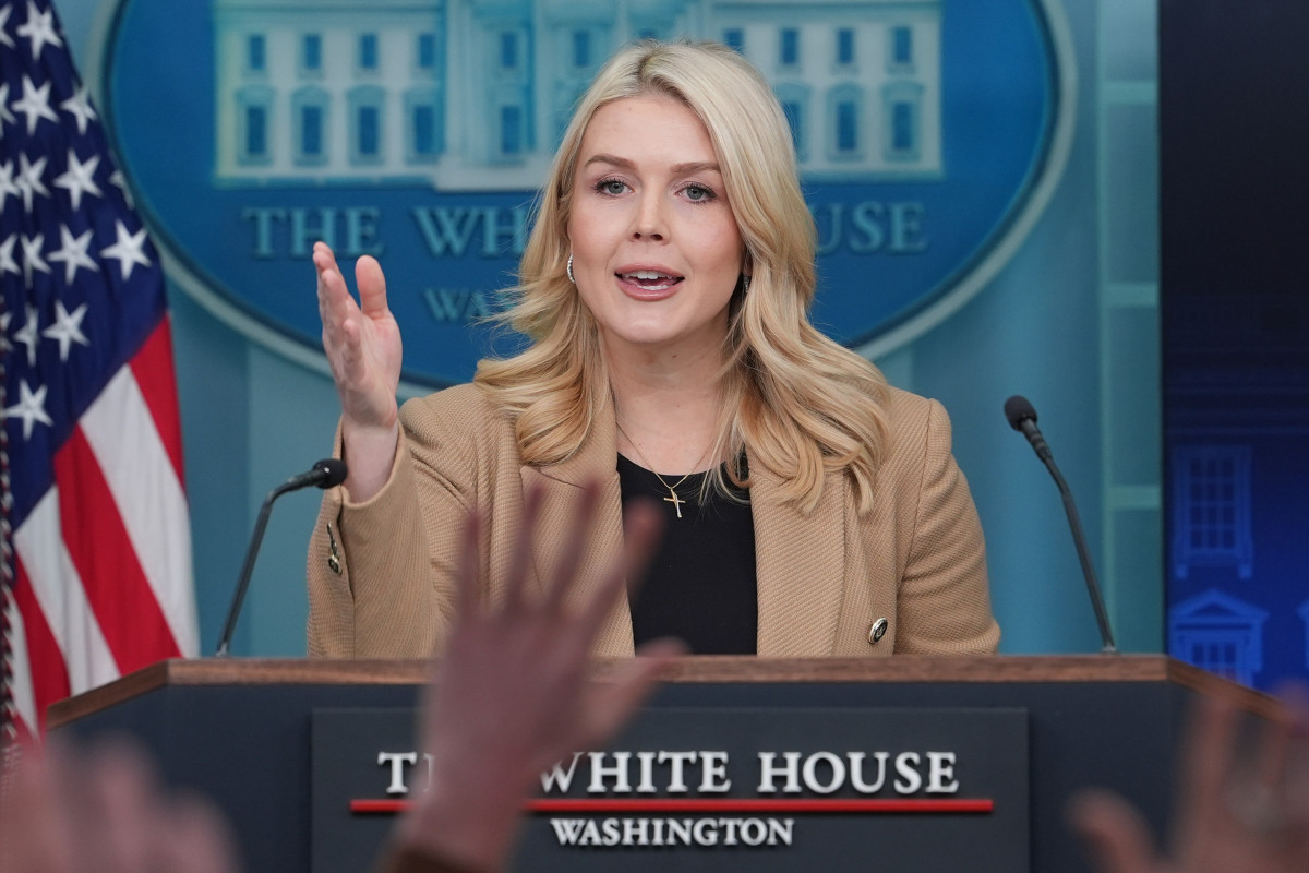 ▲15일(현지시간) 캐롤라인 레빗 백악관 대변인이 백악관에서 기자회견을 진행하고 있다. (워싱턴 D.C./AP연합뉴스)