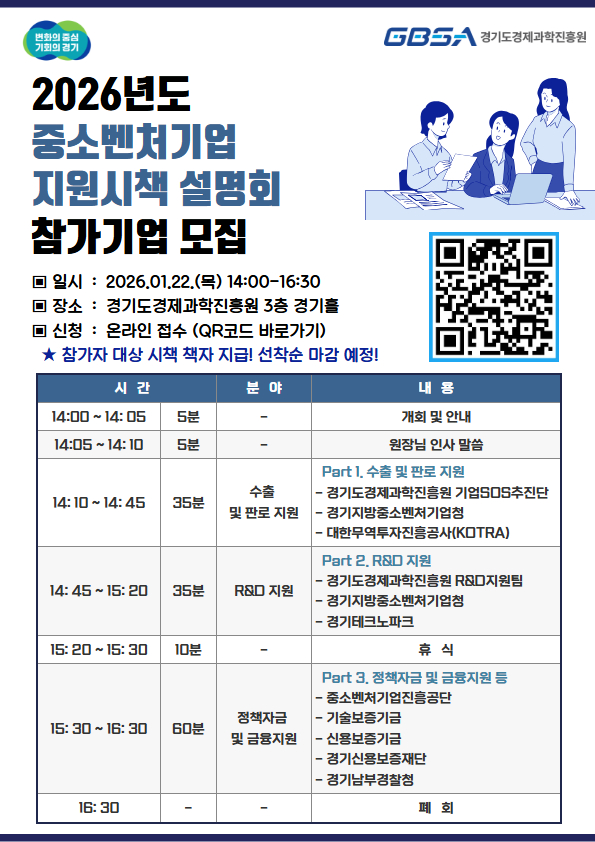 ▲경기도경제과학진흥원이 22일 수원 경기홀에서 ‘2026년 중소·벤처기업 지원시책 합동설명회’를 열고, 도내 중소·벤처기업을 대상으로 R&D·수출·자금 등 주요 기업지원 정책을 종합 안내한다. (경기도경제과학진흥원)