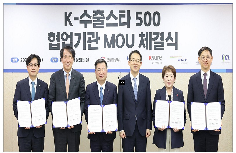 ▲한국건설생활환경시험연구원(KCL) 천영길 원장(왼쪽부터)과 한국무역보험공사 장영진 사장, KOTRA 강경성 사장, 산업통상부 강감찬 무역투자실장, KIAT 민병주 원장, KEIT 전윤종 원장이 업무협약식 후 기념촬영을 하고 있다. (사진제공=KCL)