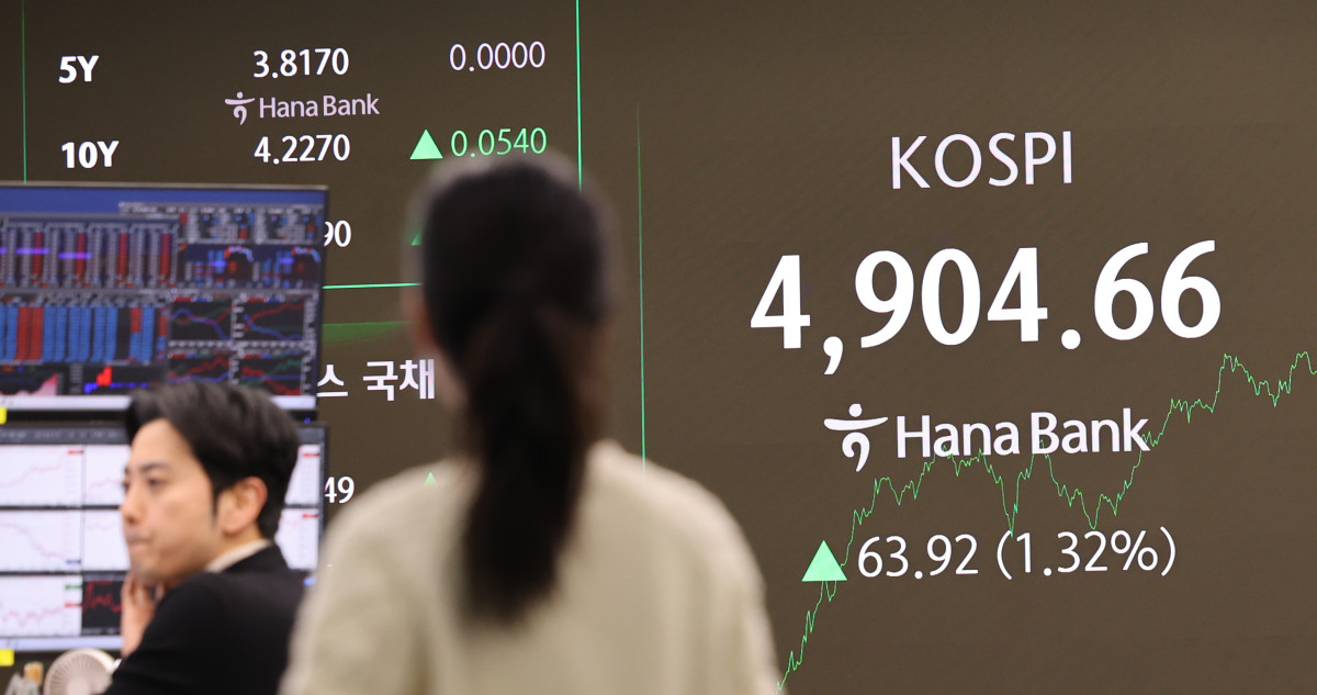 ▲19일 오후 코스피가 4904.66으로 마감한 가운데 서울 중구 하나은행 딜링룸에서 딜러들이 업무를 하고 있다. (뉴시스)