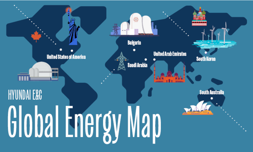 ▲현대건설의 원전 사업 현황을 나타낸 세계 지도 (출처=현대건설 홈페이지 캡처)