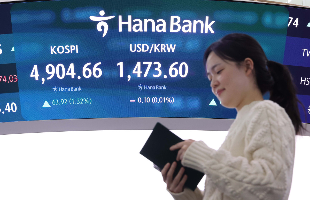 ▲코스피가 사상 첫 4900선을 돌파한 19일 서울 중구 하나은행 본점 딜링룸 전광판에 코스피와 원·달러환율 등 시황이 표시되고 있다. 이날 코스피는 전장보다 63.92포인트(1.32%) 오른 4904.66에 장을 마치며 종가 기준 사상 최고치를 또 경신했다. 코스닥지수는 전 거래일 보다 13.77포인트(1.44%) 상승한 968.36으로 마감했다. 신태현 기자 holjjak@