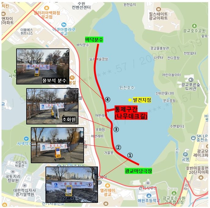 ▲수원시 원천호수 나무데크길에 설치된 고병원성 조류인플루엔자 출입통제 현수막과 소독발판. 큰기러기 폐사체에서 H5형 항원이 검출돼 2월 3일까지 전면 통제된다. (수원특례시)