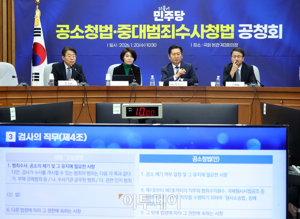 ▲한병도(오른쪽부터) 더불어민주당 원내대표,정청래 당대표, 한정애 정책위의장이 20일 서울 여의도 국회에서 열린 공소청법, 중대범죄수사청법 공청회에서 발표를 경청하고 있다. 고이란 기자 photoeran@