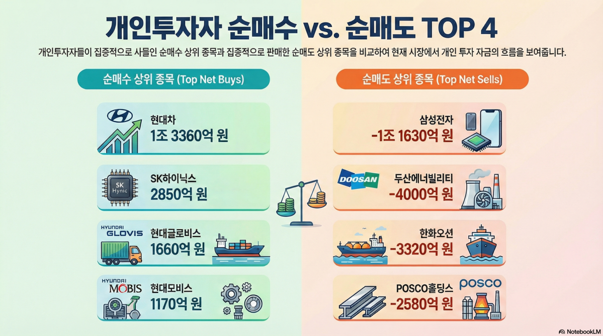 ▲개인투자자 순매수 순매도 상위종목. (구글 노트북LM)