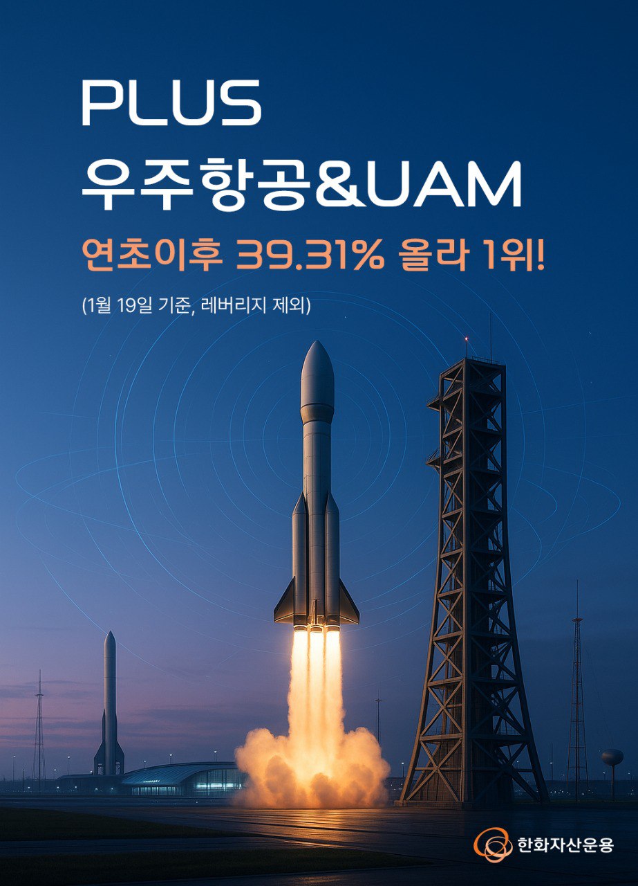 ▲한화자산운용의 우주항공&UAM ETF 수익률이 두드러진 1월 19일, 로켓 발사 장면을 배경으로 한 홍보 이미지가 사용되고 있다. (출처=한화자산운용)