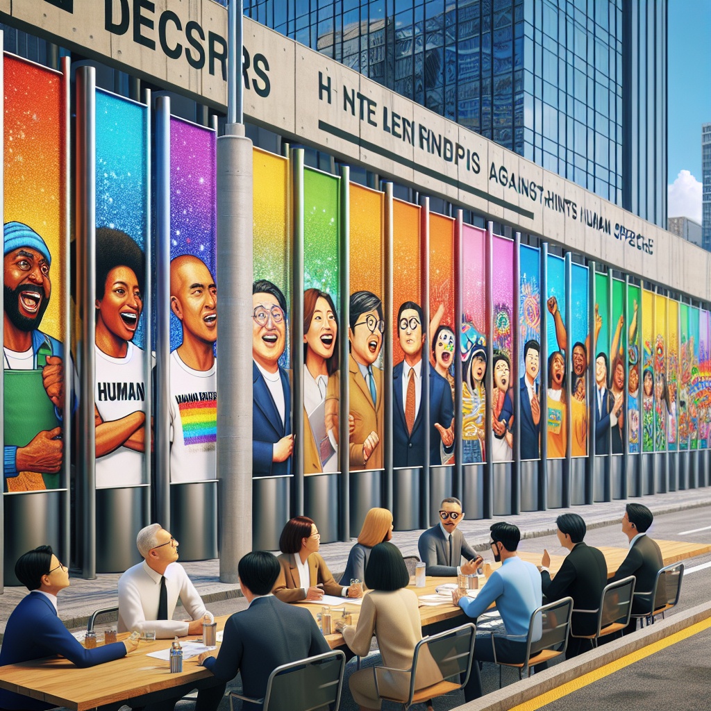 ▲인권과 포용성을 홍보하는 메시지가 담긴 배너 시리즈를 선보이는 수원시의 도시 거리 풍경. ( 김재학 기자·오픈AI 달리)