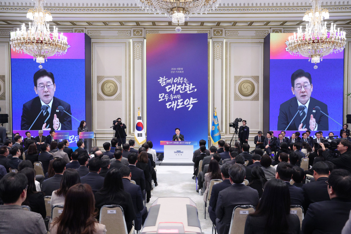 ▲이재명 대통령이 21일 청와대 영빈관에서 2026년 신년 기자회견을 하고 있다. (사진=뉴시스)