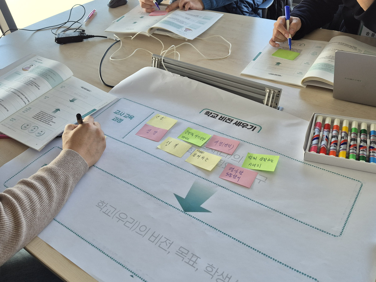▲21일 서울 용산구 숙명여대에서 진행된 서울시교육청의 ‘동계 혁신미래교육 아카데미’에서 교사들이 학교의 비전을 세우고 있다. (강문정 기자 kangmj@)