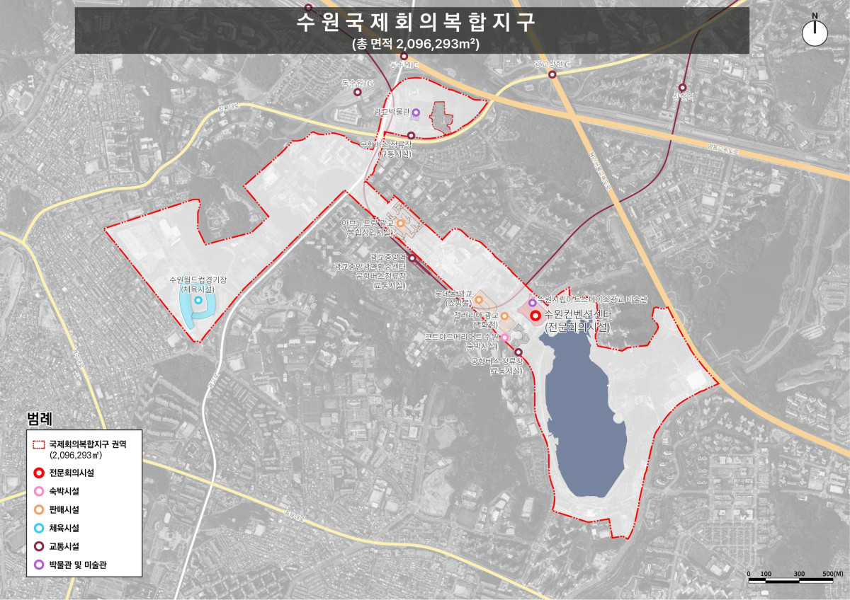 ▲수원 국제회의복합지구 권역도. 수원컨벤션센터를 중심으로 수원월드컵경기장, 광교호수공원, 갤러리아백화점, 롯데아울렛, 아브뉴프랑, 수원광교박물관, 수원시립아트스페이스광교 등이 포함된 총 면적 약 210만㎡ 규모다. (경기도)