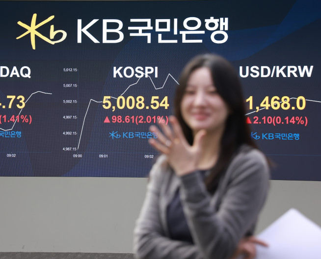 ▲22일 증시 개장과 함께 코스피 지수가 사상 처음 5000을 넘어섰다.  (사진제공=KB국민은행)