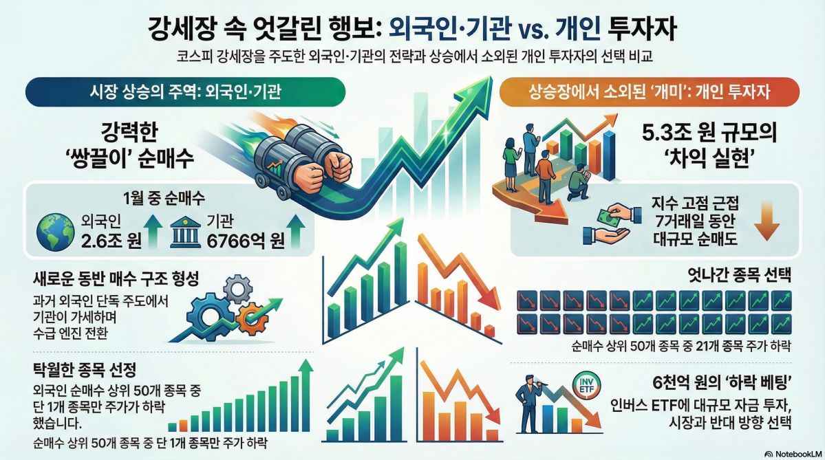 ▲외국인·기관이 쌍끌이로 코스피 5000 돌파를 주도한 가운데 개인투자자들은 엇갈린 행보를 보였다.  (출처=구글 노트북LM)