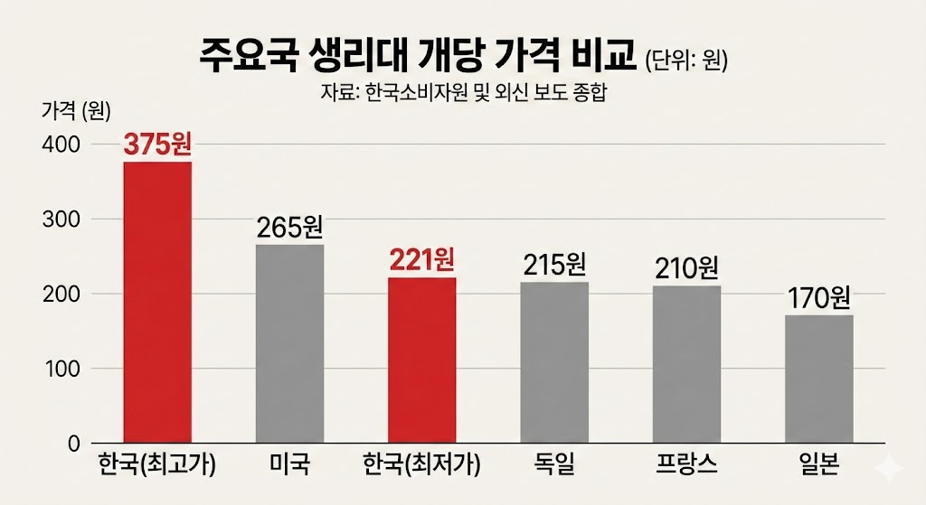 ▲주요국 생리대 개당 가격 비교 그래프. (출처=구글 제미나이 AI이미지 생성)
