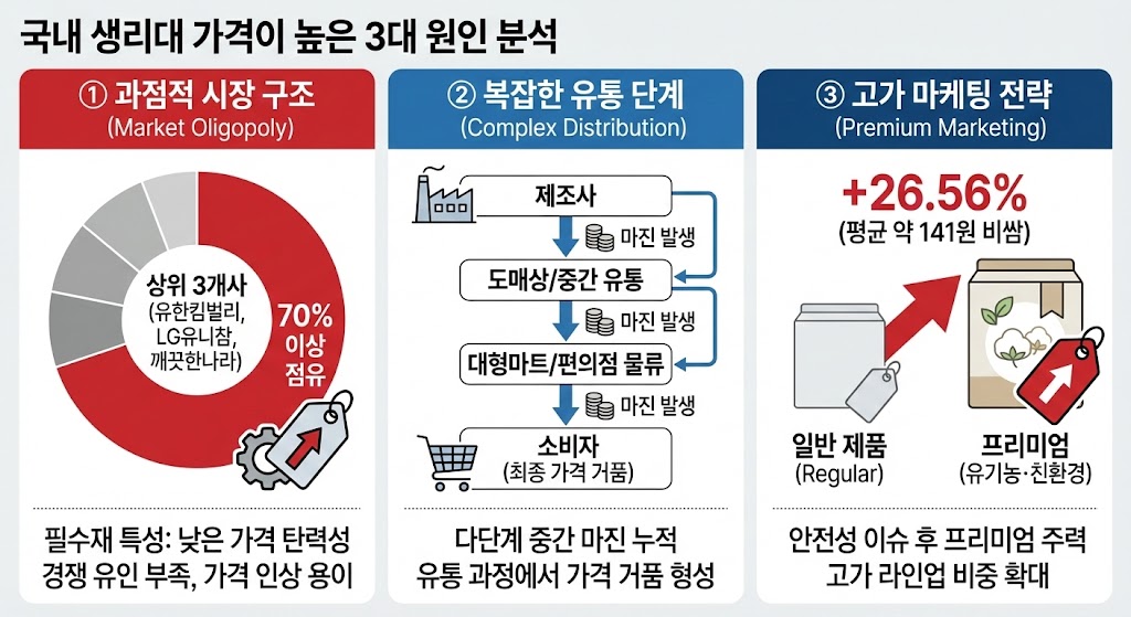 ▲국내 생리대 가격이 높은 3대 원인 분석. (출처=구글 제미나이 AI이미지 생성)