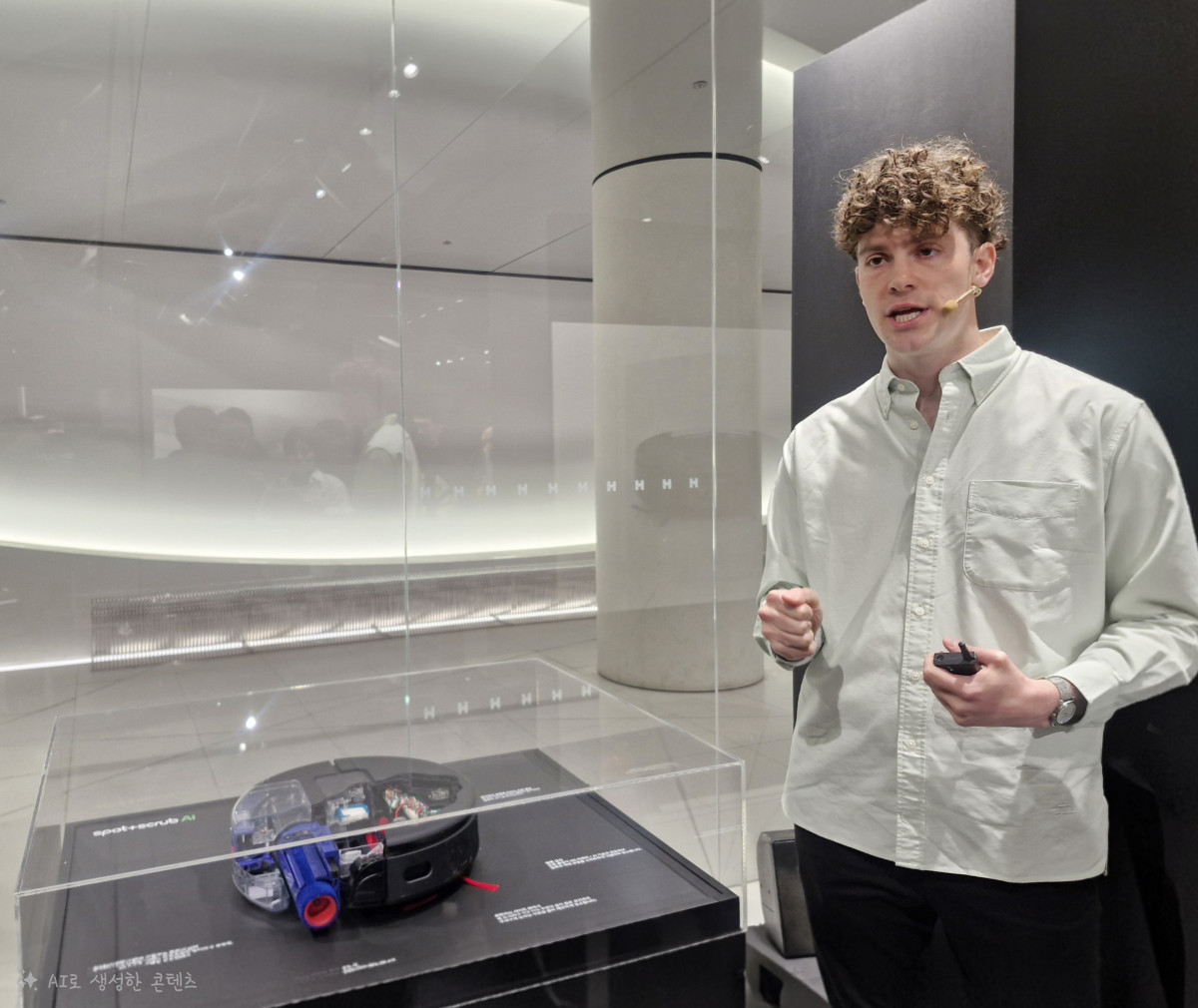 ▲네이슨 로슨 맥클린 다이슨 시니어 디자인 매니저가 22일 서울 더현대에서 스팟앤스크럽 Ai 로봇청소기를 설명하고 있다. (손희정 기자 sonhj1220@)