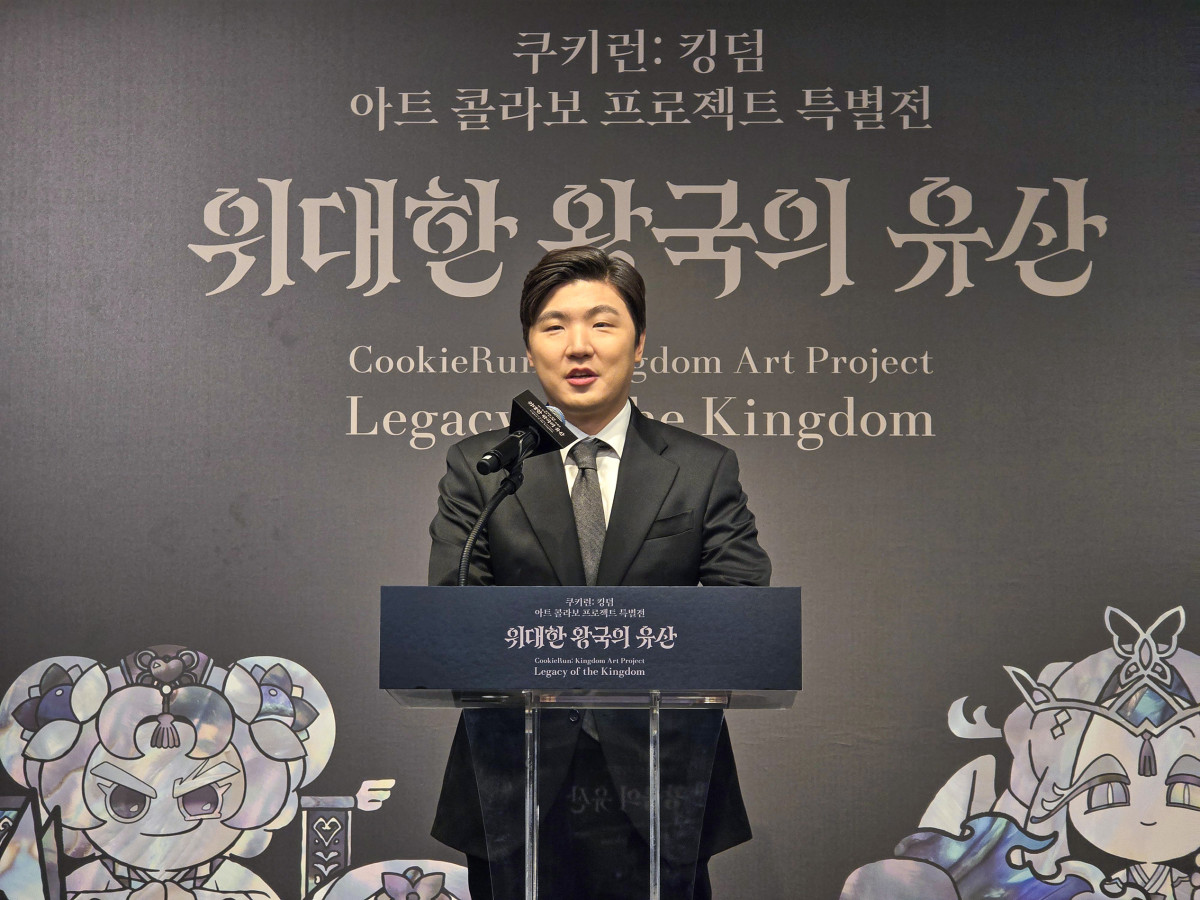 ▲조길현 데브시스터즈 대표가 22일 서울 인사동 아라아트센터에서 열린 '쿠키런: 킹덤' 아트 컬래버 특별전 '위대한 왕국의 유산' 기자 간담회에서 인사말을 하고 있다. (연합뉴스)