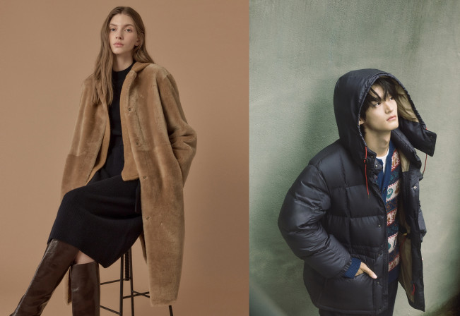 ▲'질스튜어트뉴욕' 여성 퍼 아우터 화보(왼쪽)와 '빈폴멘' 25FW 컬렉션 화보. (사진제공=LF·삼성물산 패션부문)