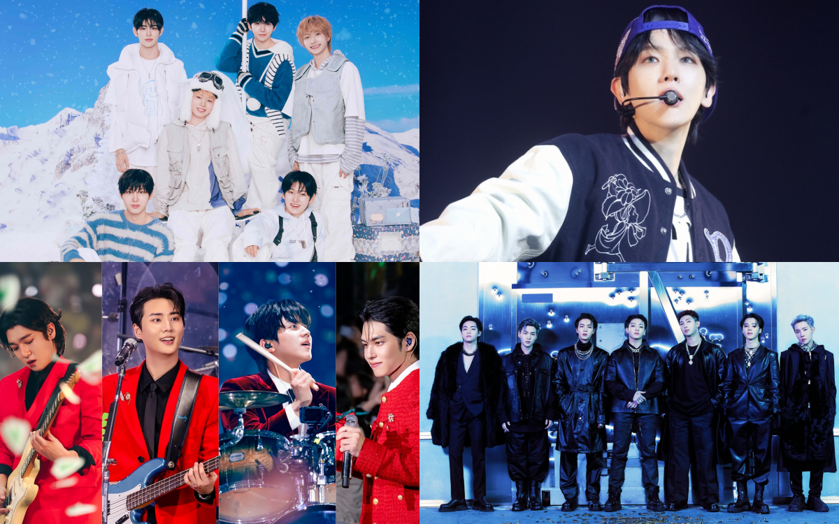 ▲그룹 킥플립(왼쪽 위부터 시계 방향으로), 백현, 방탄소년단, 데이식스. (사진제공=JYP엔터테인먼트, INB100, 빅히트 뮤직)