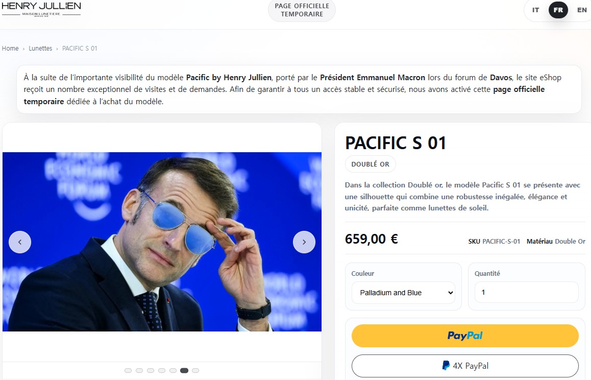 ▲마크롱 대통령이 착용한 선글라스 '인기' (앙리 쥘리앵 홈페이지, 연합뉴스)