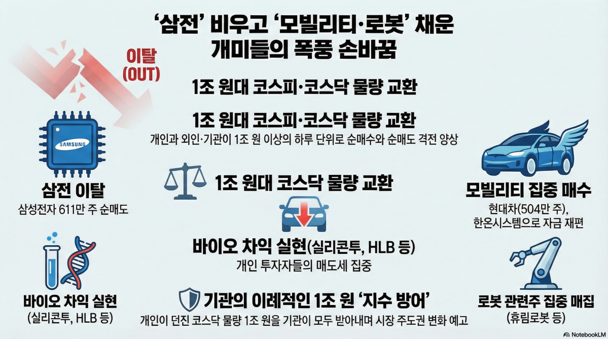 ▲이번주 개인 투자자들은 시가총액 1위 삼성전자를 대거 순매도하고 현대차를 비롯한 로봇 관련주로 포트폴리오를 빠르게 재편하는 모습을 보였다.  (구글 노트북 LM)
