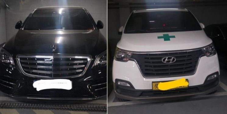 ▲ 파주 운정 LH 임대아파트 10단지 주차장에 고급 외제차와 대형 차량이 주차돼 있는 모습. 입주민들은 경비원 퇴근 후 외부 차량이 자유롭게 출입한다며 관리 부실을 지적하고 있다. (온라인 커뮤니티 보배드림)