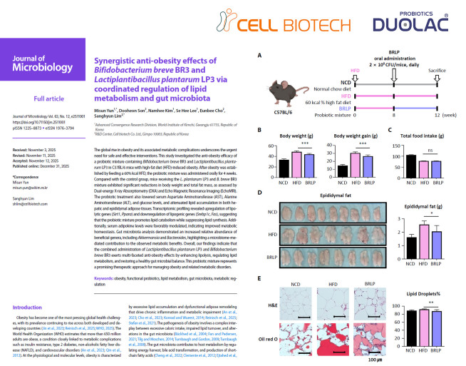 ▲듀오락 CBT 유산균의 복합 배합이 체중·체지방 감소에 기여하는 생물학적 기전이 국제 학술지인 Journal of Microbiology에 게재됐다. (사진제공=쎌바이오텍)
