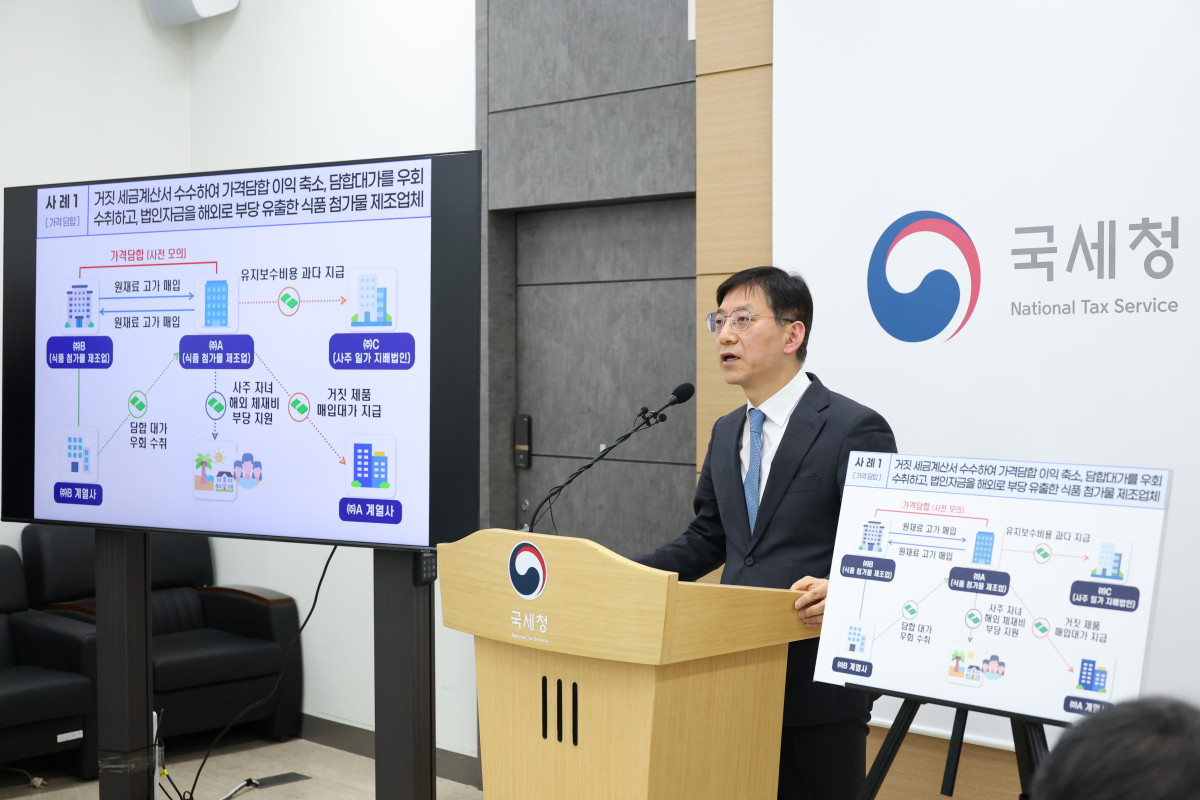 ▲안덕수 국세청 조사국장이 27일 정부세종청사에서 불공정행위로 생활물가 상승을 주도하며 서민 부담을 가중시킨 생필품 관련 탈세 혐의 업체 17곳 세무조사 착수에 대해 브리핑을 하고 있다. (사진제공=국세청)