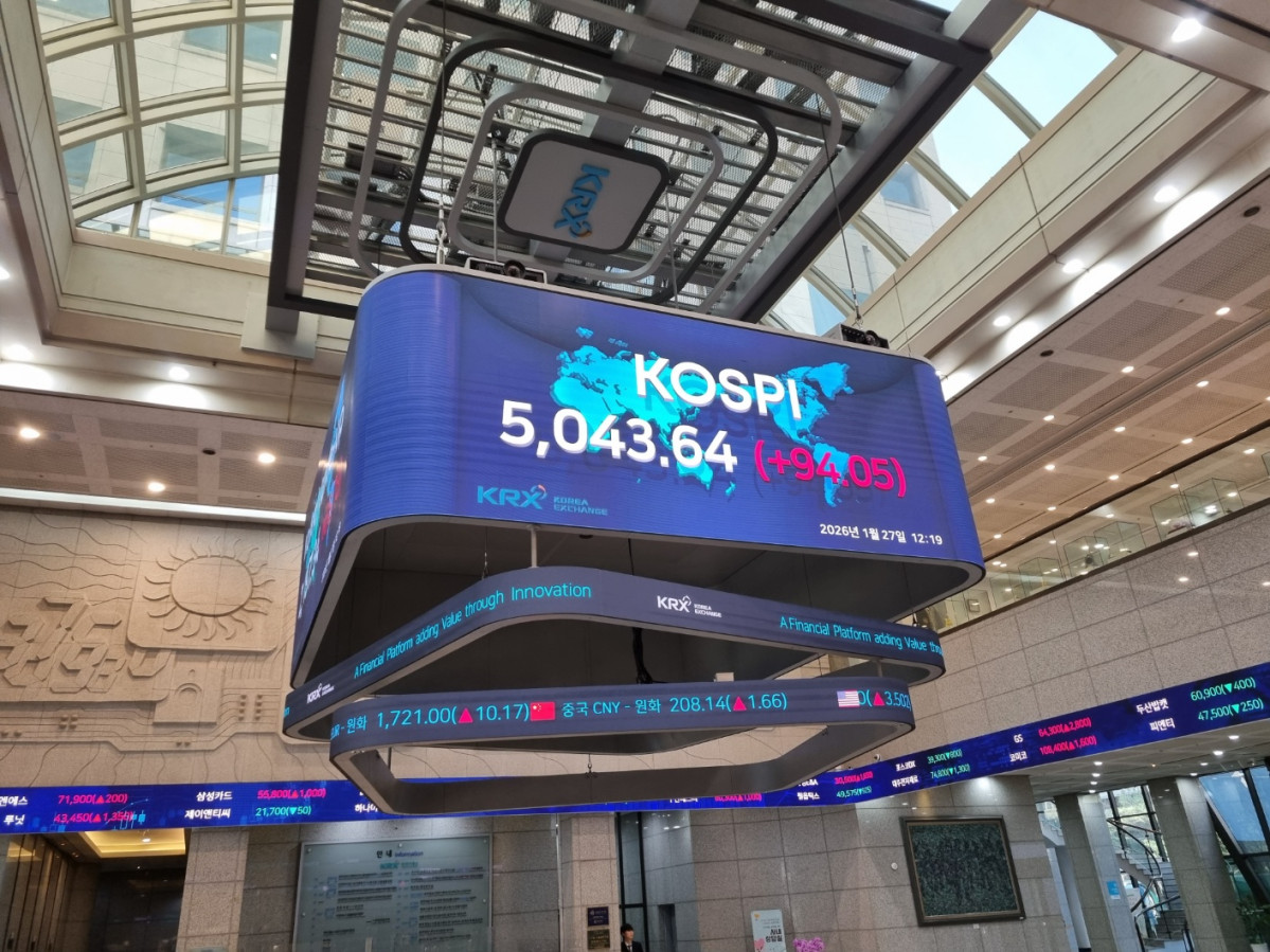 ▲27일 서울 여의도 한국거래소 1층 로비 전광판에 코스피 지수가 5043.64로 표시되고 있다. (사진= 서청석 기자)