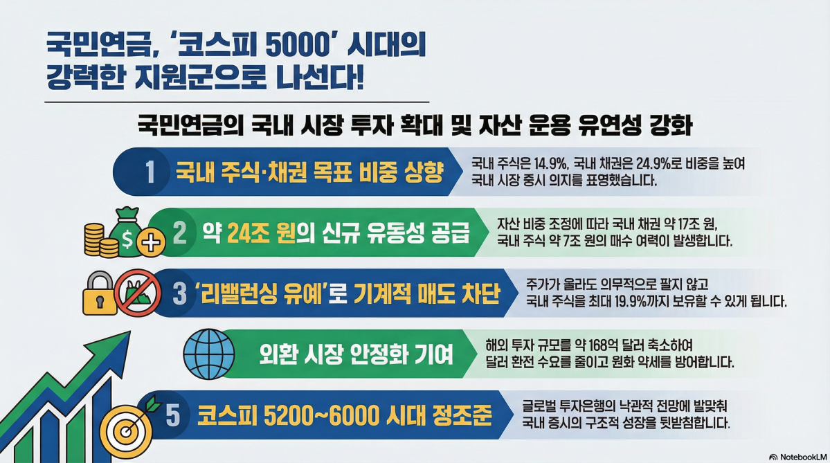 ▲국민연금 국내 주식 목표 비중을 확대하면서 국내 증시에 강력한 수급 동력이 될 전망이다. (구글 노트북 LM)