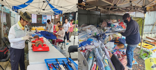 ▲지난해 지역공동체 일자리(칼갈이, 폐현수막 재생사업)에 참여 중인 주민들. (사진제공=관악구)