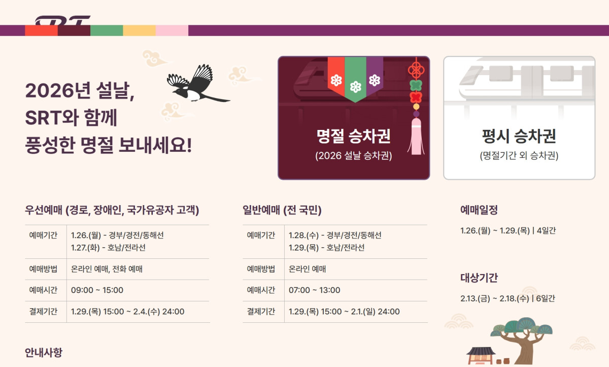 ▲오늘부터 SRT 설날 승차권 일반예매…경부선·경전선·동해선, SRT 설 기차표 예매 방법은? (출처=SRT 홈페이지 캡처)