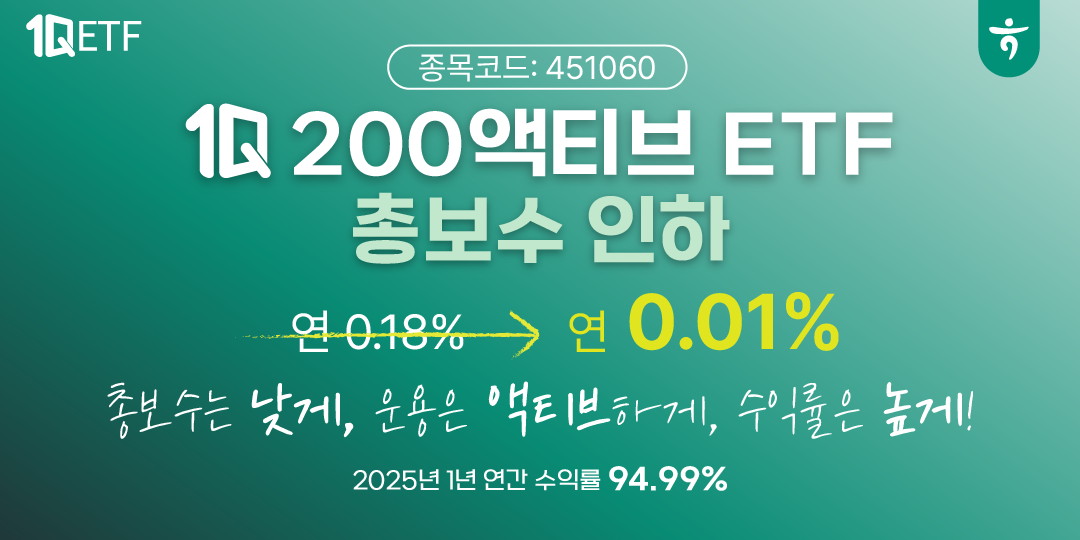 ▲하나자산운용이 2025년 1년 연간 수익률 94.99%를 기록한 1Q 200 액티브 ETF의 총보수를 연 0.18%에서 0.01%로 대폭 인하한 내용을 안내하는 참고 이미지가 초록색 배경 위에 시각적으로 강조되어 있다.