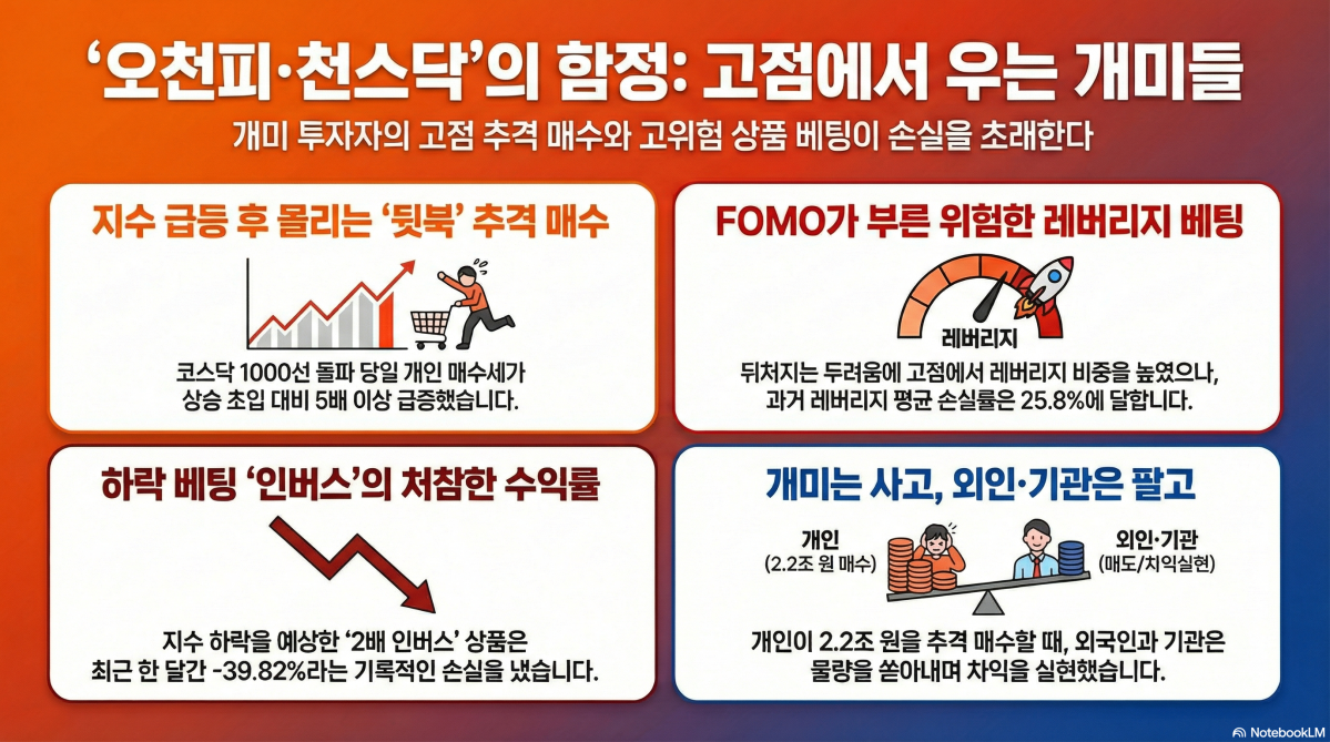 ▲코스피 5000선 돌파와 코스닥 1000선 안착이라는 역사적 '불장'이 연출되고 있지만, 개인 투자자들의 계좌 수익률은 오히려 뒷걸음질 치고 있다.  (구글 노트북 LM)