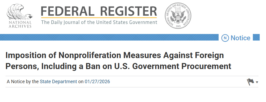 ▲미국 국무부 비확산법 제재 명단 공지. 출처 미 연방정부 관보