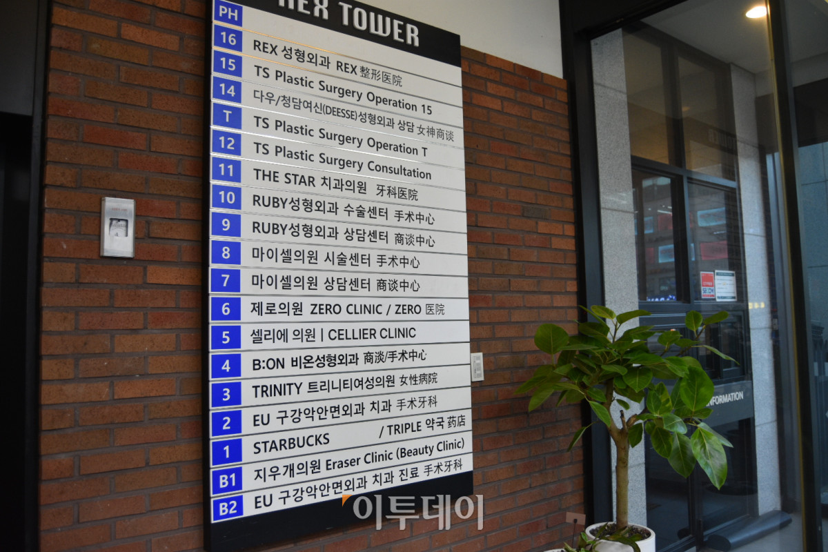 ▲1월 27일 방문한 강남구 도산대로 렉스타워의 1층 입구에 붙어있는 안내도에 의료기관 상호명과 외국어가 표기돼 있다. (한성주 기자 hsj@)