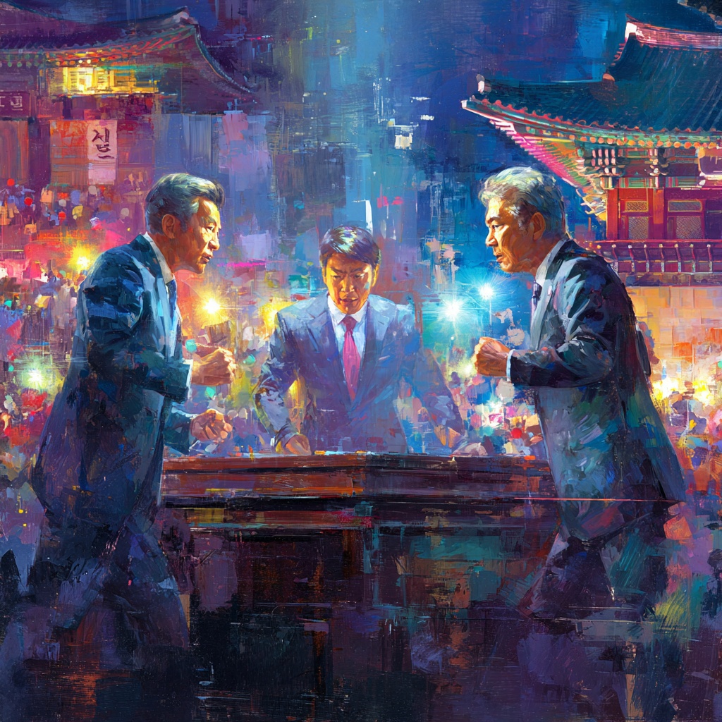 ▲세 명의 역동적인 한국 정치인들이 분주한 도시 풍경을 배경으로 활기차고 치열한 토론 이미지. ( 김재학 기자·미드저니)