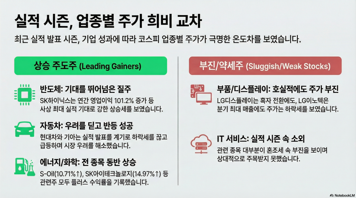 ▲실적시즌 업종별로 주가 희비가 교차했다. (출처=구글 노트북 LM)