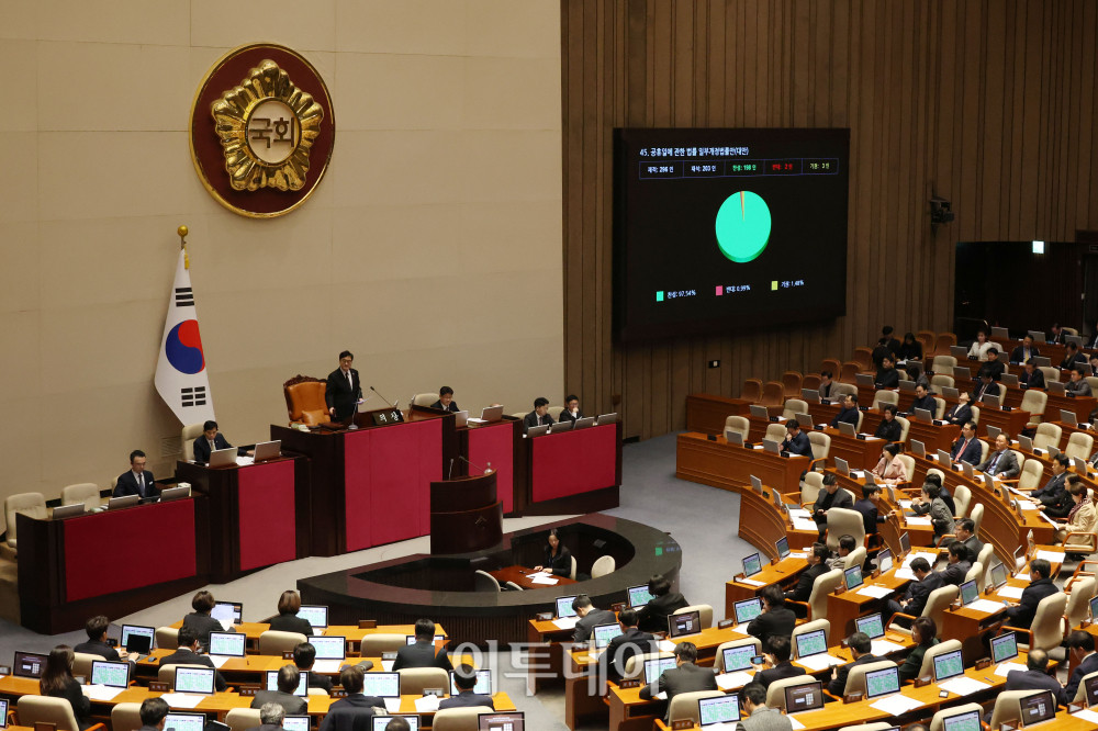 ▲29일 서울 여의도 국회에서 열린 본회의에서 제헌절을 공휴일로 지정하는 공휴일에 관한 법률 일부개정안이 가결되고 있다. 고이란 기자 photoeran@