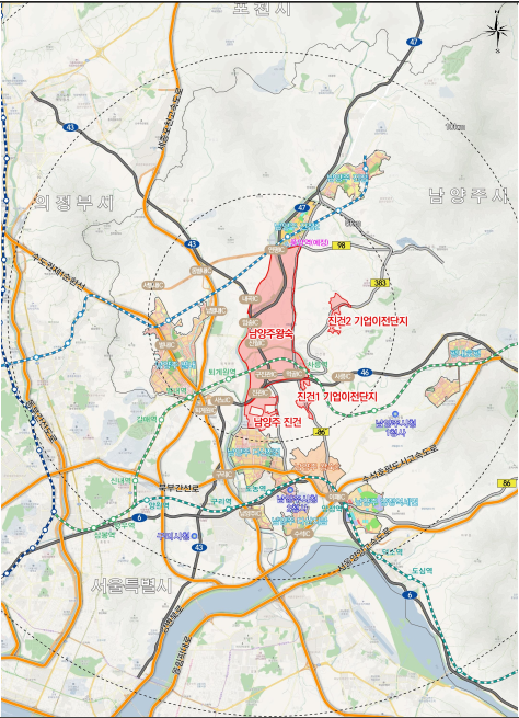 ▲남양주왕숙지구 및 기업이전단지(진건1·2지구) 위치도. GH는 30일 3기 신도시 최초로 해당 지역에 223필지, 8608억 원 규모의 기업이전단지를 공급한다고 밝혔다. (경기주택도시공사(GH))