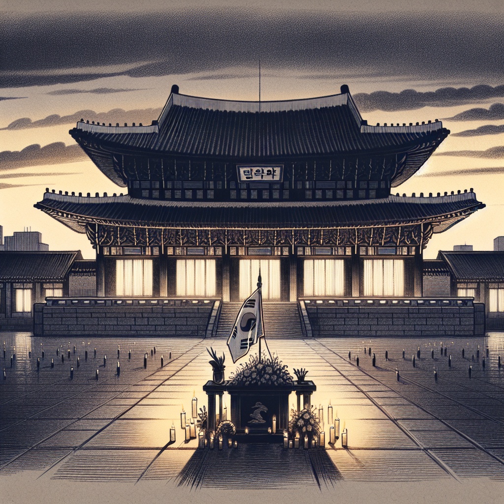 ▲청사 앞에 고인을 추모하는 분향소가 마련된 모습을 형상화한 이미지. (김재학 기자·오픈AI 달리)