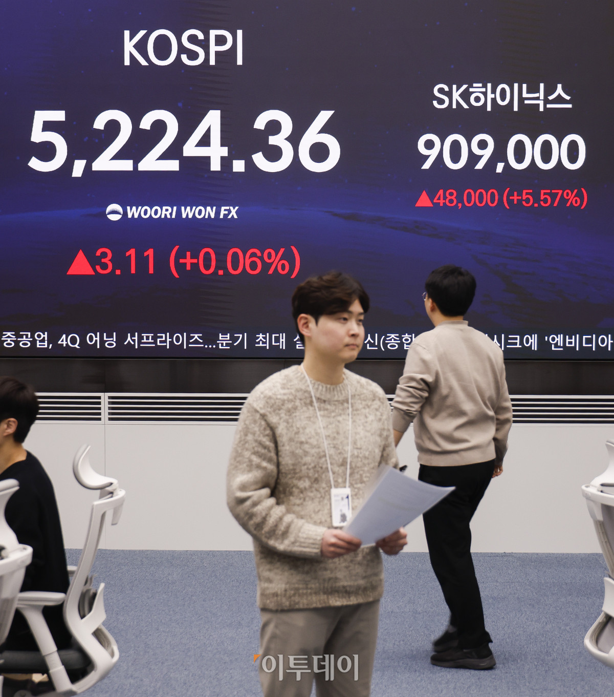 ▲SK하이닉스가 올해 영업이익 상승 기대에 힘입어 주가가 90만원 선을 돌파했다. 코스피 지수도 4거래일 연속 종가 기준 사상 최고치를 기록했다. 30일 서울 중구 우리은행 딜링룸 전광판에 코스피, SK하이닉스 주가가 표시돼 있다. 이날 코스피 지수는 전 거래일보다 3.11(0.06%)포인트 상승한 5224.36을 나타냈다. SK하이닉스 주가는 전 거래일보다 4만8000원(5.57%) 오른 90만9000원 나타냈다. 조현호 기자 hyunho@